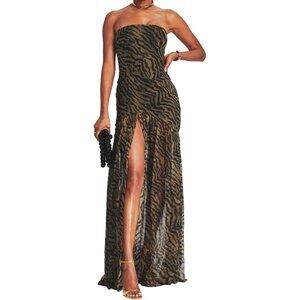 Women Strapless Tube Top Tiger Stripe Brown Maxi Dress Sexy High Party Dress